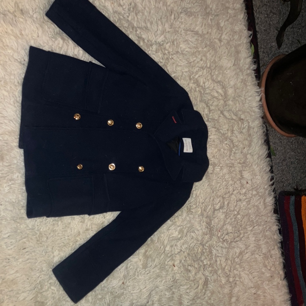 Zara Girls Navy Blue Double-Breasted Wool Peacoat w golden anchor buttons 11-12y